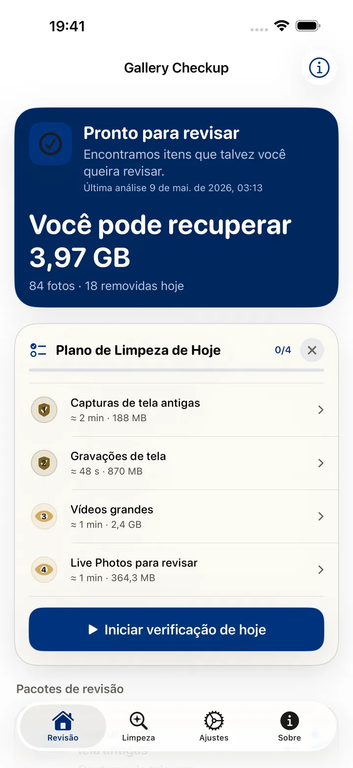 Tela de revisão do Gallery Checkup no iPhone