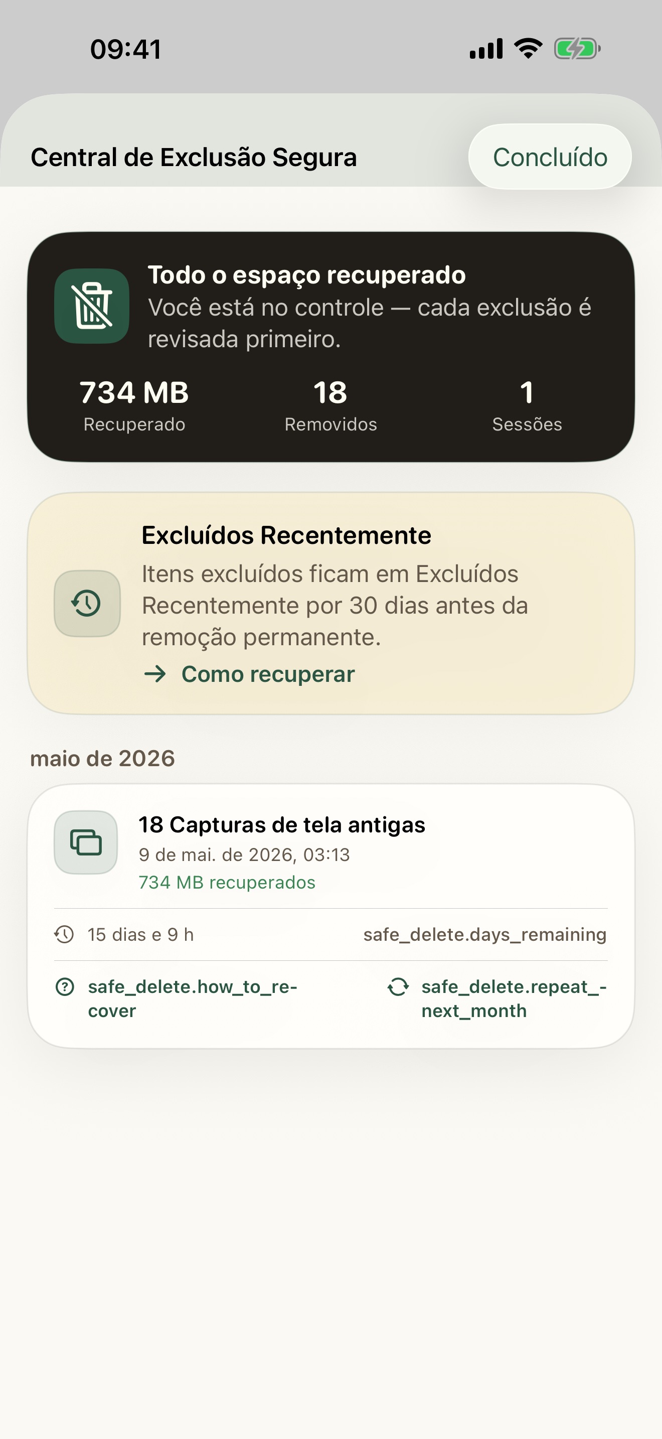 Captura de tela do Gallery Checkup no iPhone mostrando o Safe Delete Center com histórico de sessões e contagem regressiva de recuperação.