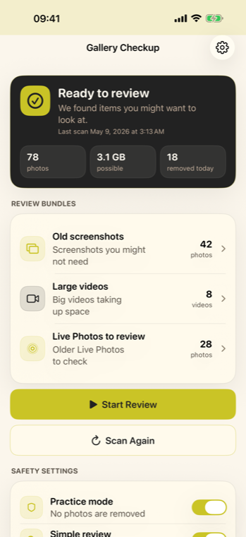 Gallery Checkup iPhone screenshots showing photo access, review bundles, and one-photo-at-a-time review controls.