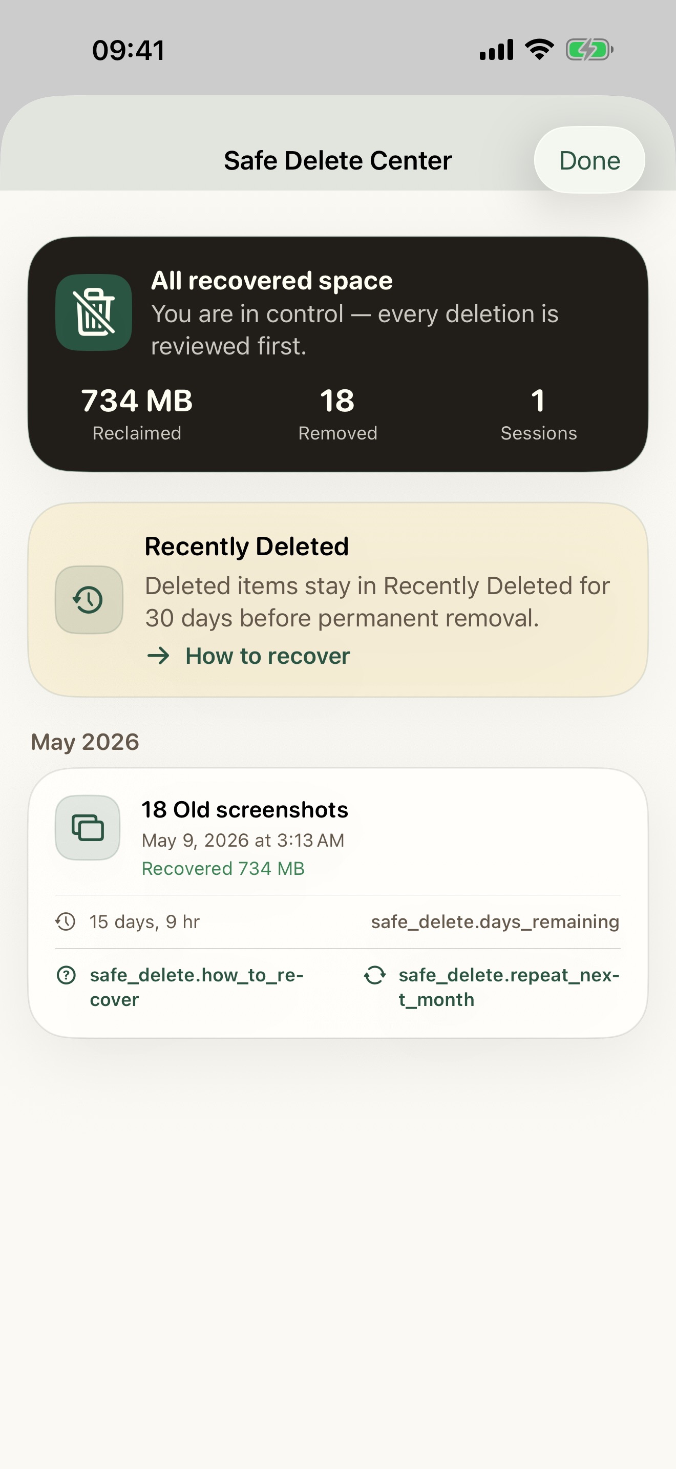Gallery Checkup iPhone screenshot showing the Safe Delete Center with session history and recovery countdown.
